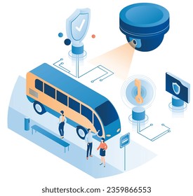 Smart CCTV camera of surveillance system working on city street bus stop with people citizen vector illustration. Modern technology for public security