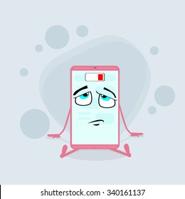 Smart Cell Phone Pink Cartoon Character Low Battery Charge Flat Vector Illustration