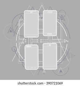 Ilustración de vectores de fondo triangular de líneas de esbozo de teléfono móvil inteligente