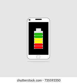 Smart cellphone with battery drawing loaded on the screen. Icon, vector.