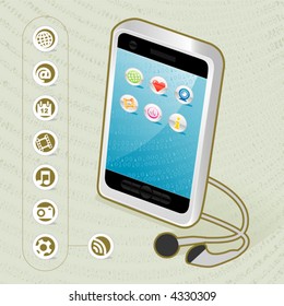 Smart cellphone Icon with background and related telecommunication icons.