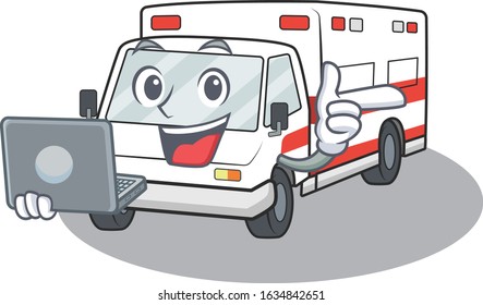 Smart character of ambulance working with laptop