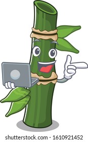 Smart character of bamboo working with laptop