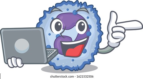 Smart character of basophil cell working with laptop