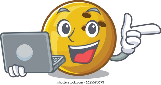 Smart character of bowling ball working with laptop