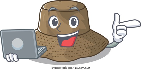 Smart character of bucket hat working with laptop