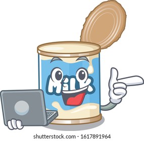 Smart character of condensed milk working with laptop