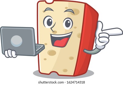 Smart character of dutch cheese working with laptop