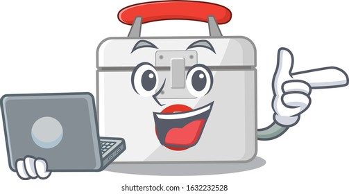 Smart character of first aid kit working with laptop