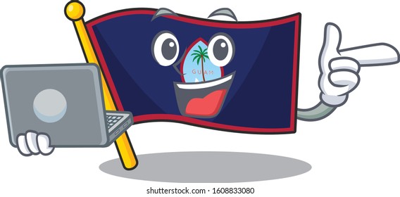 Smart character of flag guam working with laptop