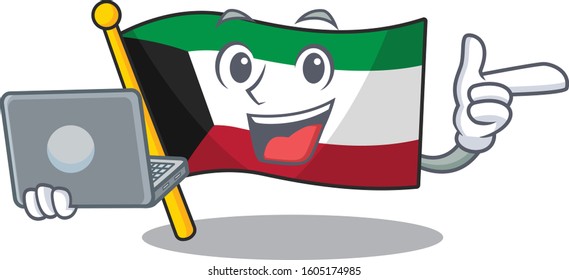 Smart character of flag kuwait working with laptop