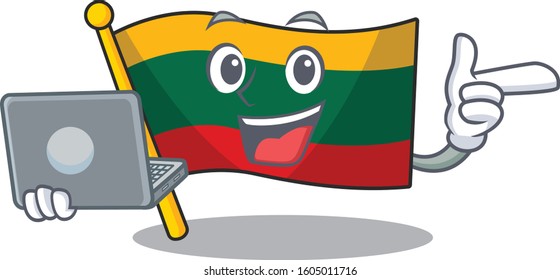 Smart character of flag lithuania working with laptop