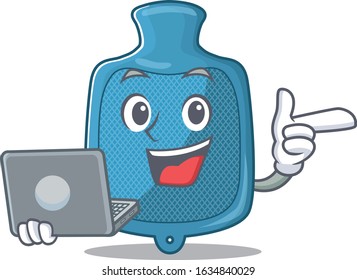 Smart character of hot water bag working with laptop