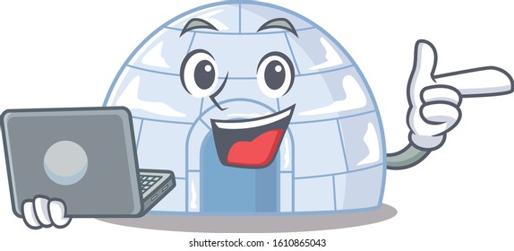 Smart character of igloo working with laptop