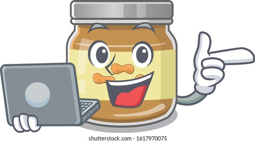 Smart character of peanut butter working with laptop