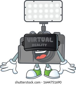 A smart character of photo camera with lighting with Virtual reality headset