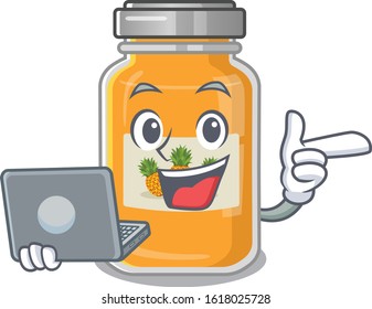 Smart character of pineapple jam working with laptop