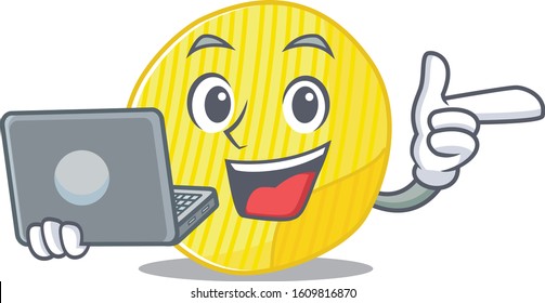 Smart character of potato chips working with laptop