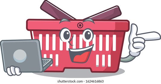 Smart character of shopping basket working with laptop