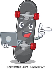 Smart character of skateboard working with laptop