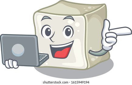 Smart character of sugar cube working with laptop