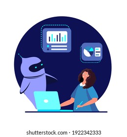 Smart Chat bot, Cyber Robot teaches pupil Financial knowledge in the Internet. Online Education Business School Students, Pupils learning charts, graphs Dialog help service Flat vector illustration