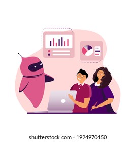 Smart Chat bot, Cyber Robot teaches Children Financial knowledge in the Internet. Online Education Business School Students, Pupils learning charts, graphs Dialog help service Flat vector illustration