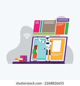 Smart Chat Bot, Cyber Robot enseña a los alumnos el concepto de ilustración vectorial 2d para banner, sitio web, ilustración, página de inicio, volante, etc.