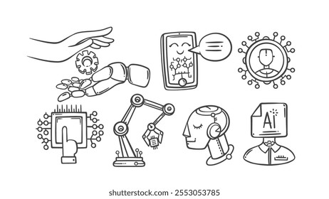 Conjunto de iconos de línea de interacción humana, humana y de IA. Esquema de mano dibujado robots brazo y cabeza, perfil de chatbot con circuito. Mascotas de inteligencia artificial, Ilustración vectorial de colección de iconos de IA