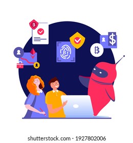 Smart Chat bot Robot teaches helping Children giving them Financial knowledge in the Internet. Online Education Business School. Students, Pupils learn cryptocurrency bargains Flat vector illustration