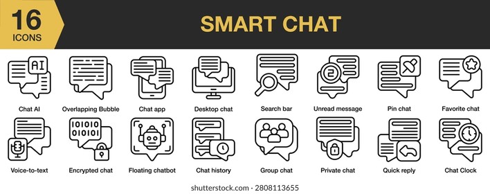 Smart Chat icon set. Includes chatbots, messages, AI replies, support conversations, smart communication and More. Outline icons vector collection.