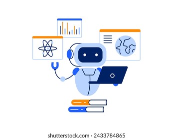 Smart chatbot and AI assistant. Self-learning of chatbot and helping in education. Vector flat illustration isolated on a white background.