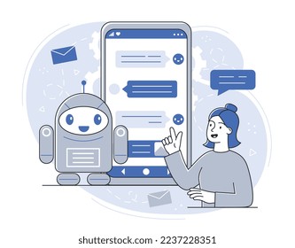 Smart chatbot concept. Artificial intelligence and virtual assistant. Answers to frequently asked questions, feedback and consultation. Poster or banner for website. Cartoon flat vector illustration