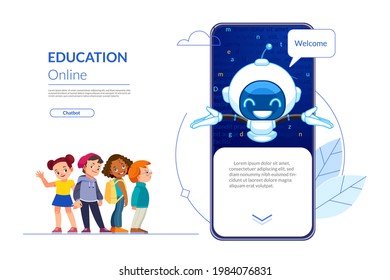 Smart Chatbot, Cyber Robot Teaches Children, Student Knowledge. Digital Classroom Online Education Kindergarten Back To School Concept. Learning On Phone, Mobile Website. Cartoon Vector Illustration