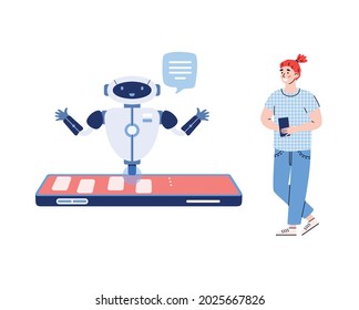 Robot inteligente de chat en la pantalla del teléfono móvil. El tipo se comunica en chat con un asistente virtual, inteligencia artificial. Tecnología de servicio y soporte a los clientes. Ilustración del vector