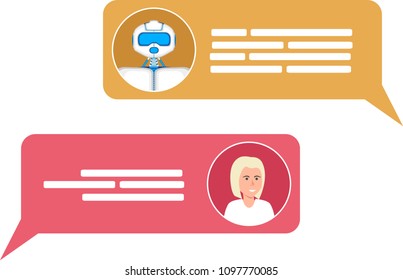 Smart chatbot for your business concept. Future internet marketing. Chat bot and woman icons with speech bubbles. Trendy chatbot application with dialogue window. Smart chatbot for your business