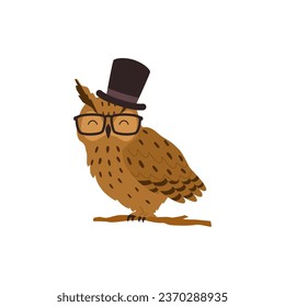 Intelligente und fröhliche Eule mit Hut und Brille, Cartoon-Flavektor-Illustration einzeln auf weißem Hintergrund. Der sonnige Vogel sitzt auf dem Ast. Eule als Symbol für Bildung und Studium.