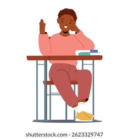 Smart cheerful schoolboy cartoon character raising hand to answer while sitting at table isolated on white background. Clever pupil and elementary school education process vector illustration