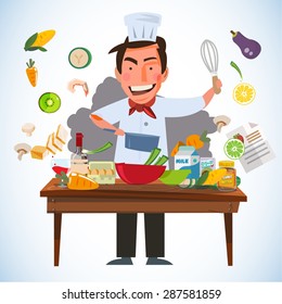 smart chef character cooking behind kitchen table with various of ingredients. kitchen and chef concept - vector illustration