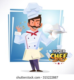 smart chef serving a tray of food. delicious concept. character design - vector illustration