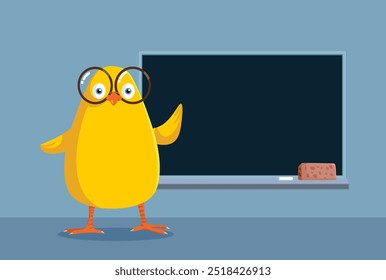 
Frango inteligente na classe ao lado de Blackboard Vetor Design. Personagem engraçado na ilustração de design back-to-school
