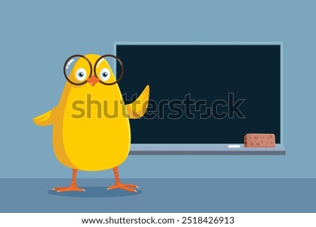 
Smart Chicken in the Class Next to Blackboard Vector Design. Funny character in back-to-school design illustration
