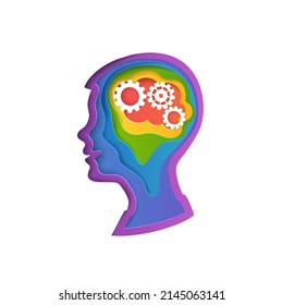 Smart child. Boy head with gears. Conceptual vector illustration in layered paper style.