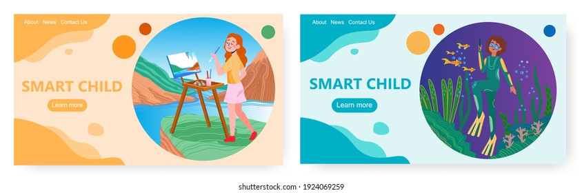 Smart child landing page design, website banner vector template set.