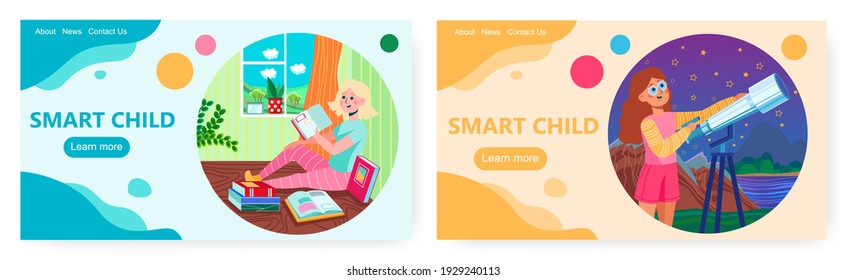 Smart Child Landing Page Design, Website Banner Vector Template Set. Smart Kids Education Club.