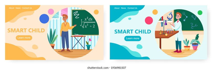 Smart Child Landing Page Design, Website Banner Vector Template Set. Smart Kids Education Club.