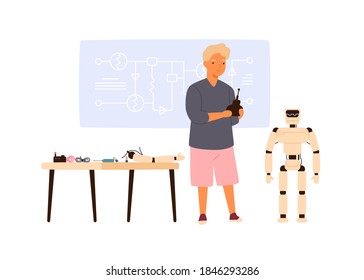 Smart Child Operating Robot By Remote Control. Boy Constructor Creating Electronic Ai. Young Engineer Invention. Modern Technology. Flat Vector Cartoon Isolated Illustration On White