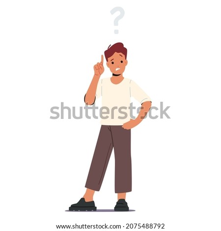 Smart Child Pointing with Finger Up under Big Question Mark over Head. Kid Find Idea, Insight, Creativity and Thinking Process, Curious Kid Character Ask, Search Answers. Cartoon Vector Illustration