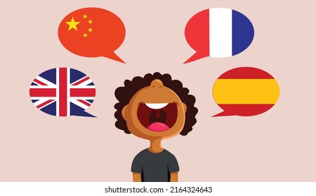 
Smart Child Speaking Many Foreign Languages Vector Cartoon Illustration. Little kid of African Ethnicity speaking multiple languages fluently
