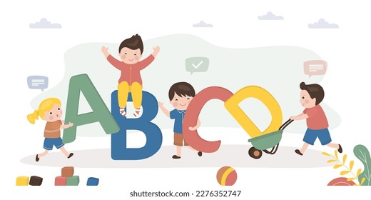 Smart children with big letters. Cute students learning, back to school. Preschoolers learn letters, numbers and alphabet Elementary education, kindergarten education. Vector illustration